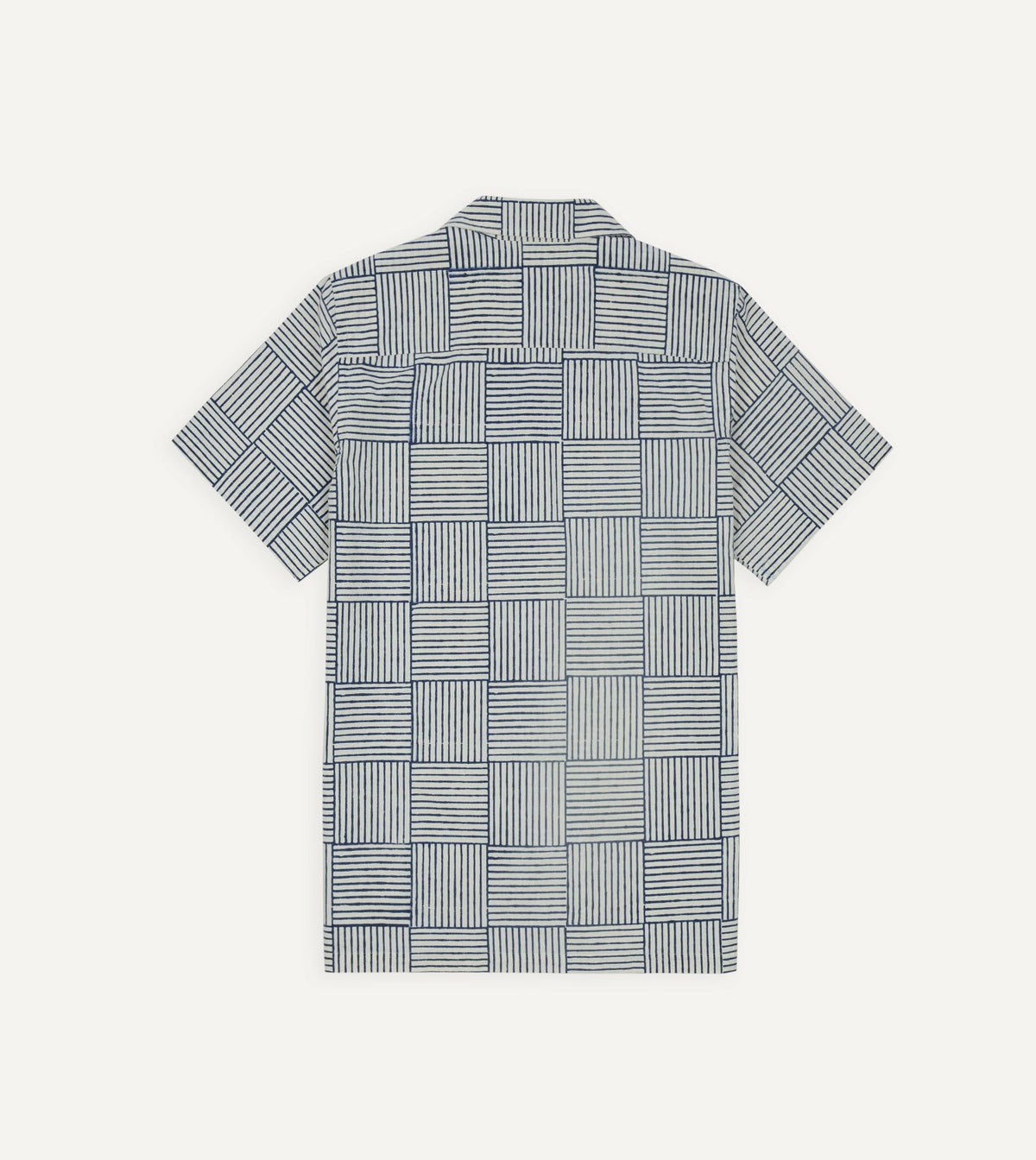 Drake's Navy Weave Block Print Cotton Camp Collar Short Sleeve Shirt