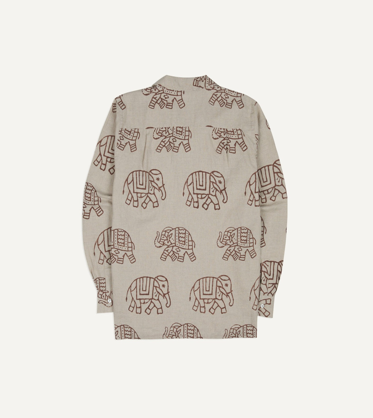 Drake's White Elephant Block Print Linen Camp Collar Long Sleeve Shirt