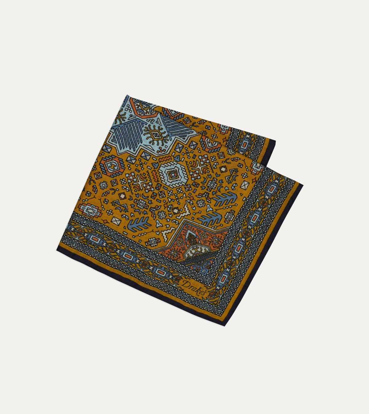 Drake's Yellow and Navy Kelim Print Wool-Silk Pocket Square