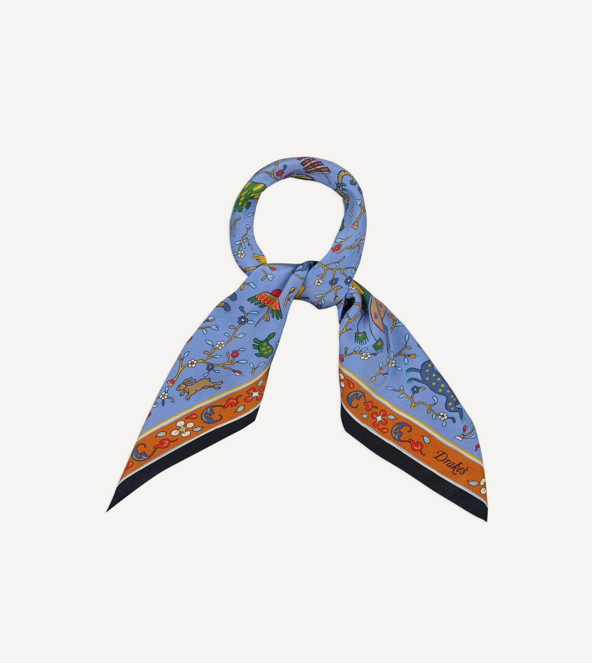 Drake's Blue Animals and Flowers Print Silk Bandana