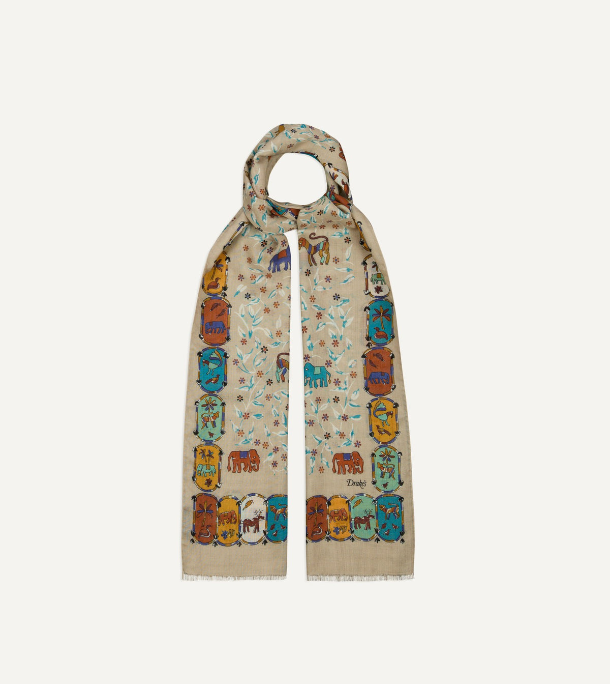 Drake's Ecru Loose Animal Print Wool-Silk Scarf