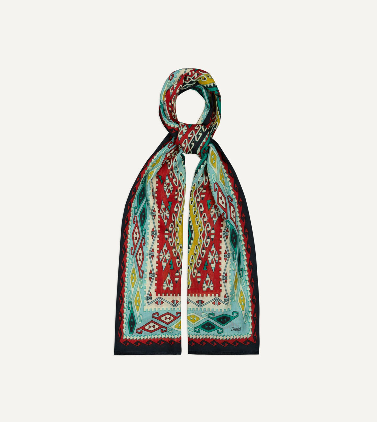 Drake's Navy Kilim Print Tubular Wool Silk Scarf