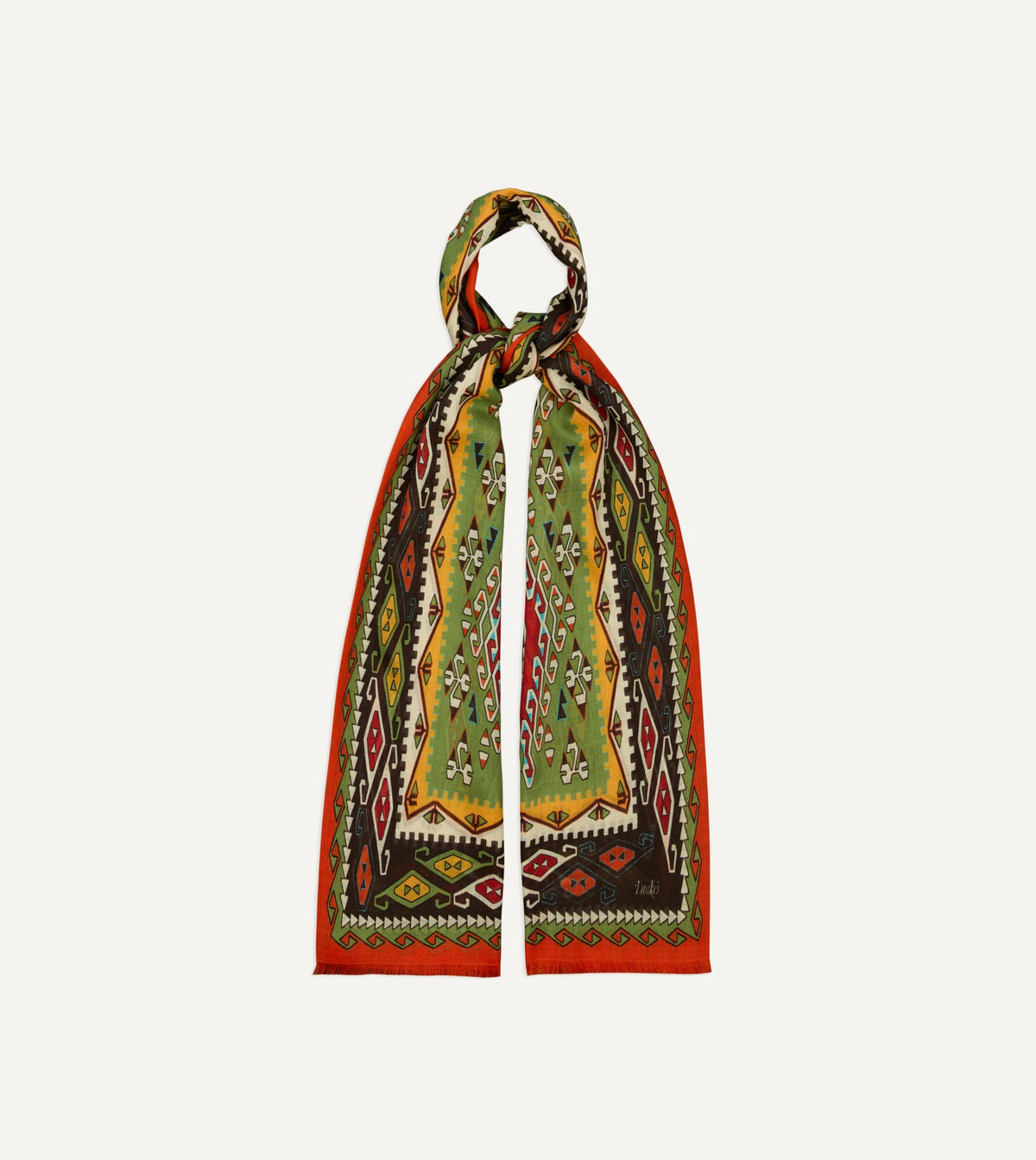 Drake's Red Kilim Print Tubular Wool Silk Scarf