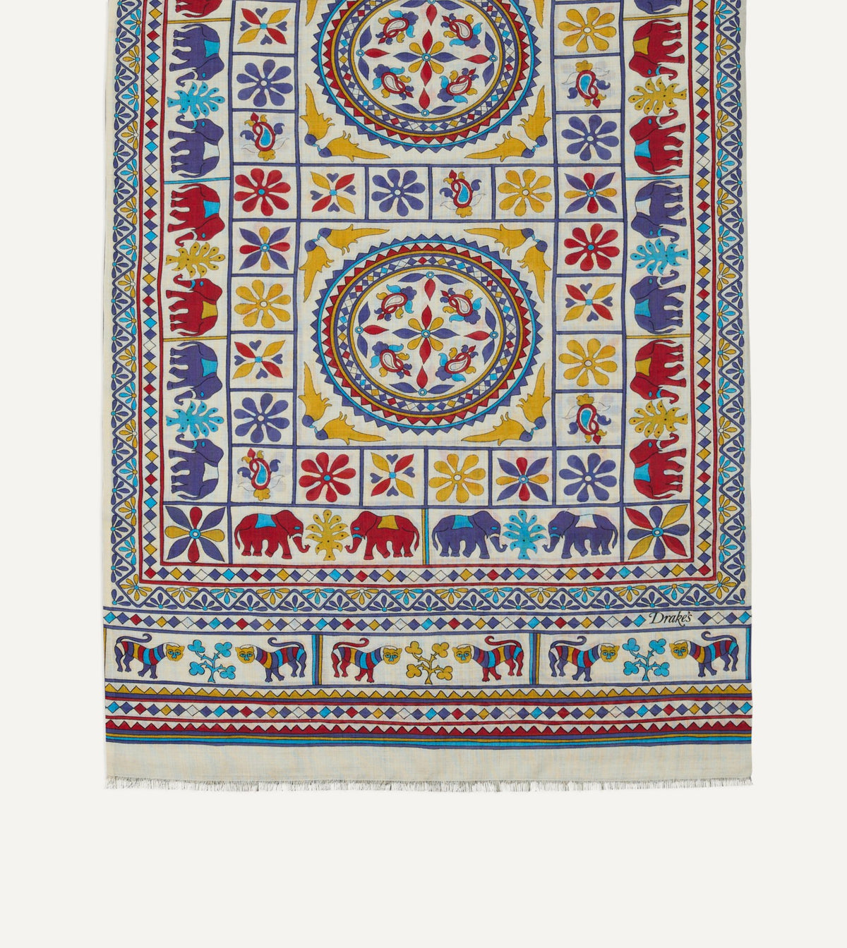 Drake's Ecru Elephants and Flowers Print Wool-Silk Scarf