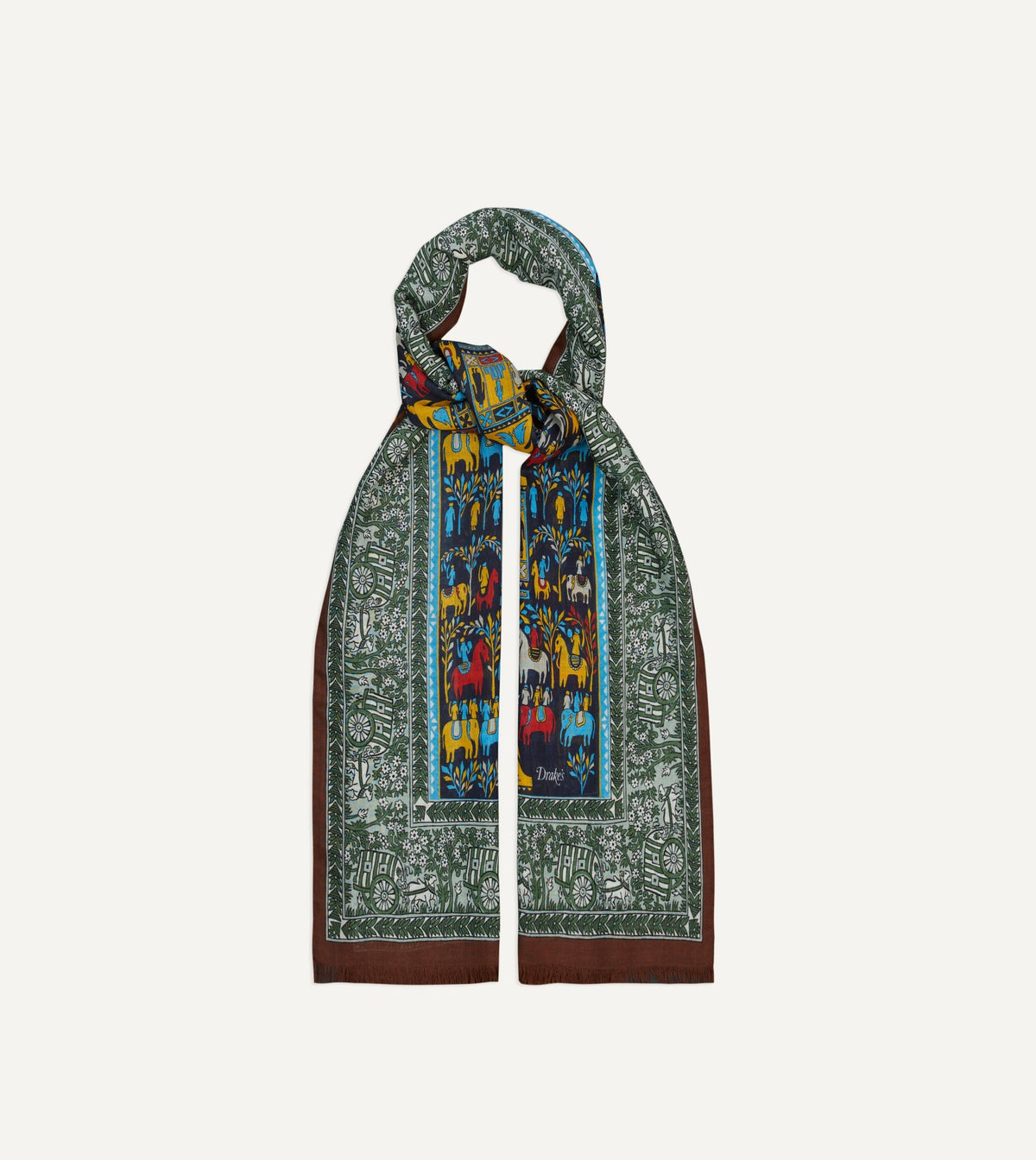 Drake's Navy Elephant Village Print Wool-Silk Scarf