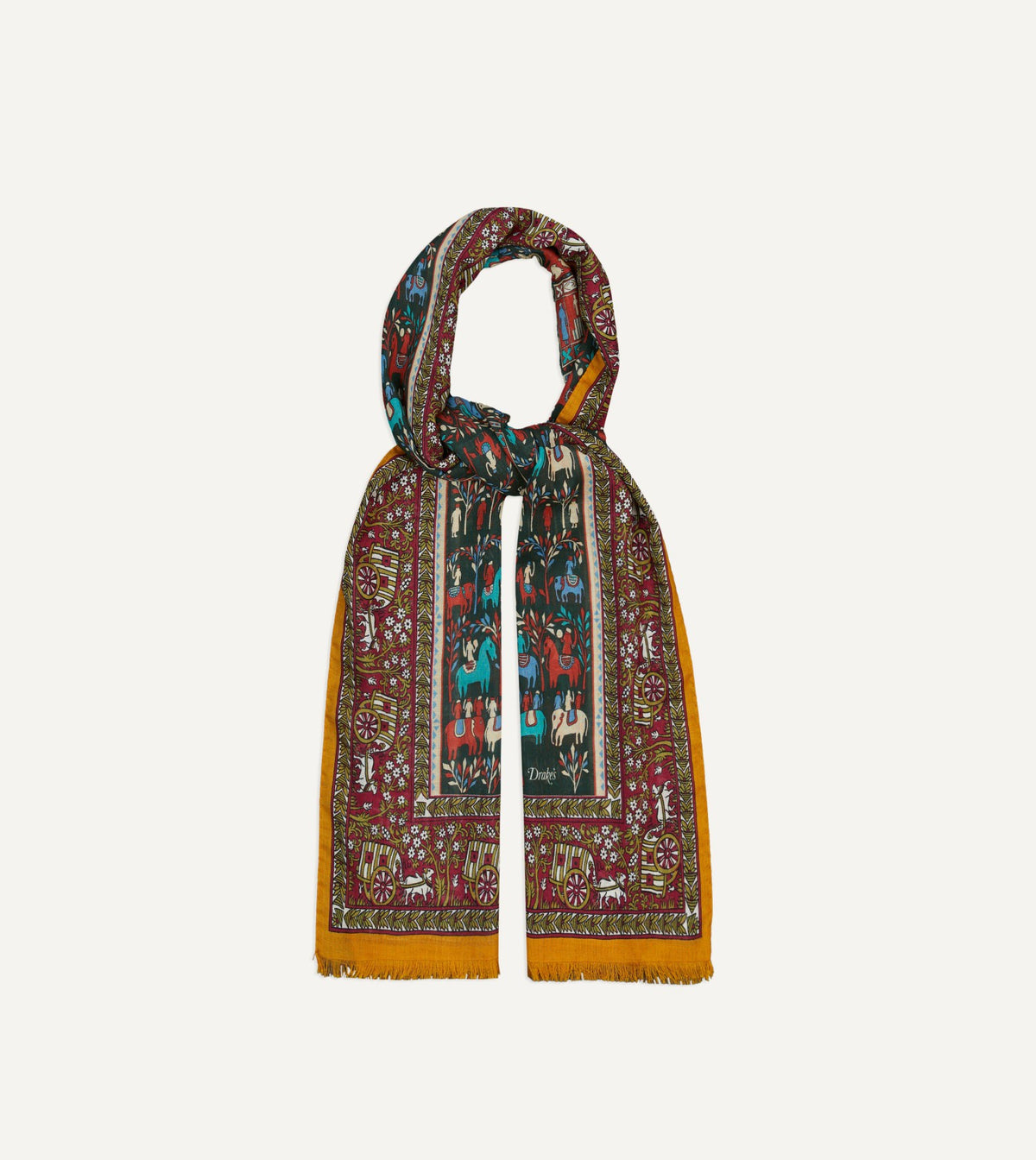 Drake's Burgundy Elephant Village Print Wool-Silk Scarf