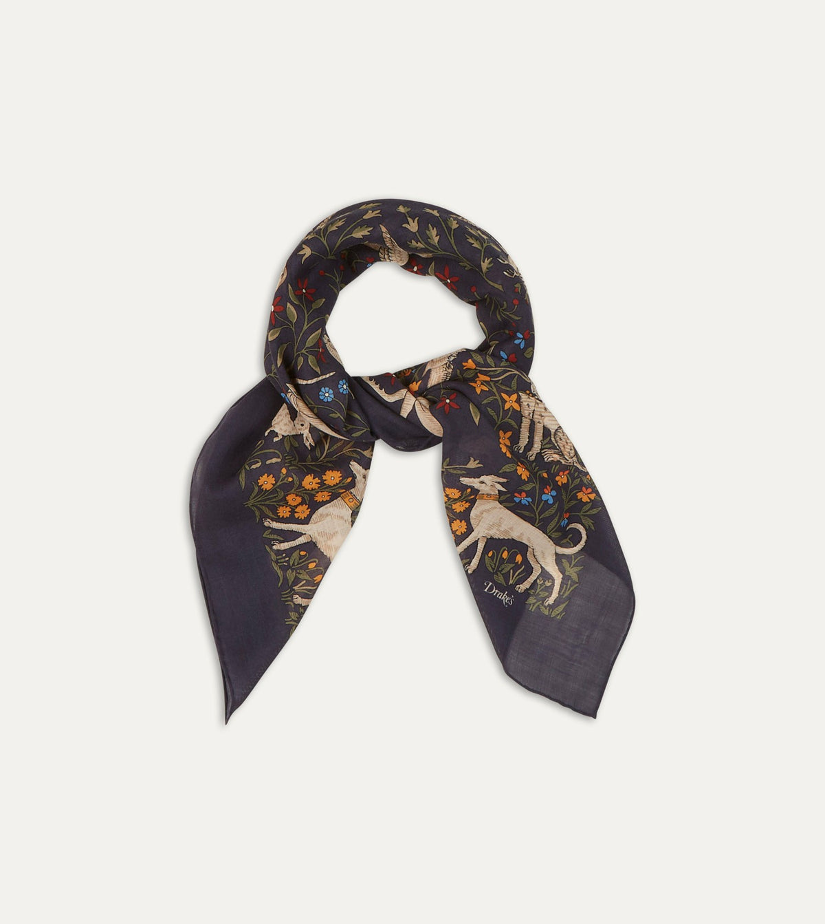 Drake's Navy Unicorn Print Wool-Silk Square Scarf