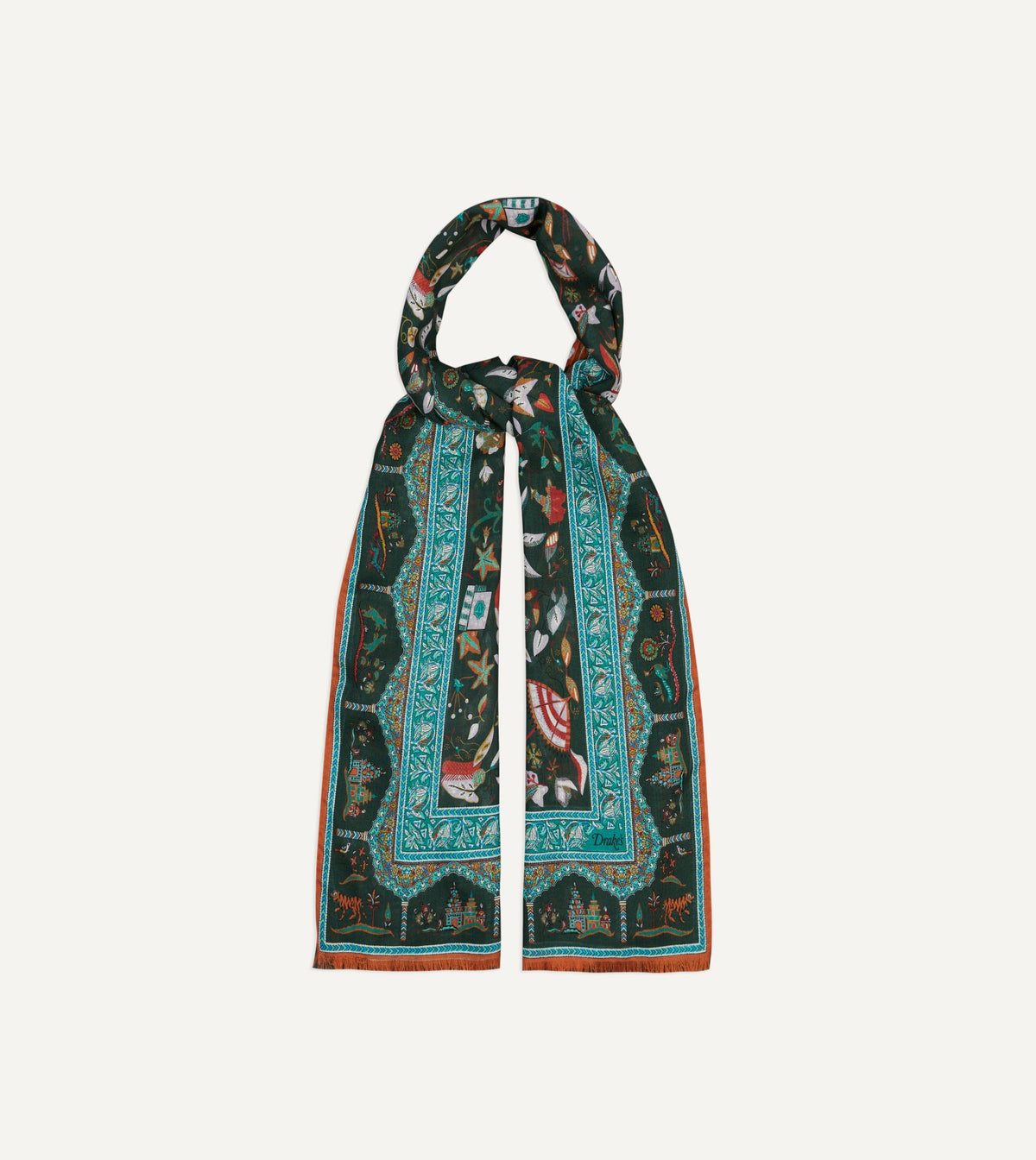 Drake's Green Classic Mughal Print Wool Silk Scarf