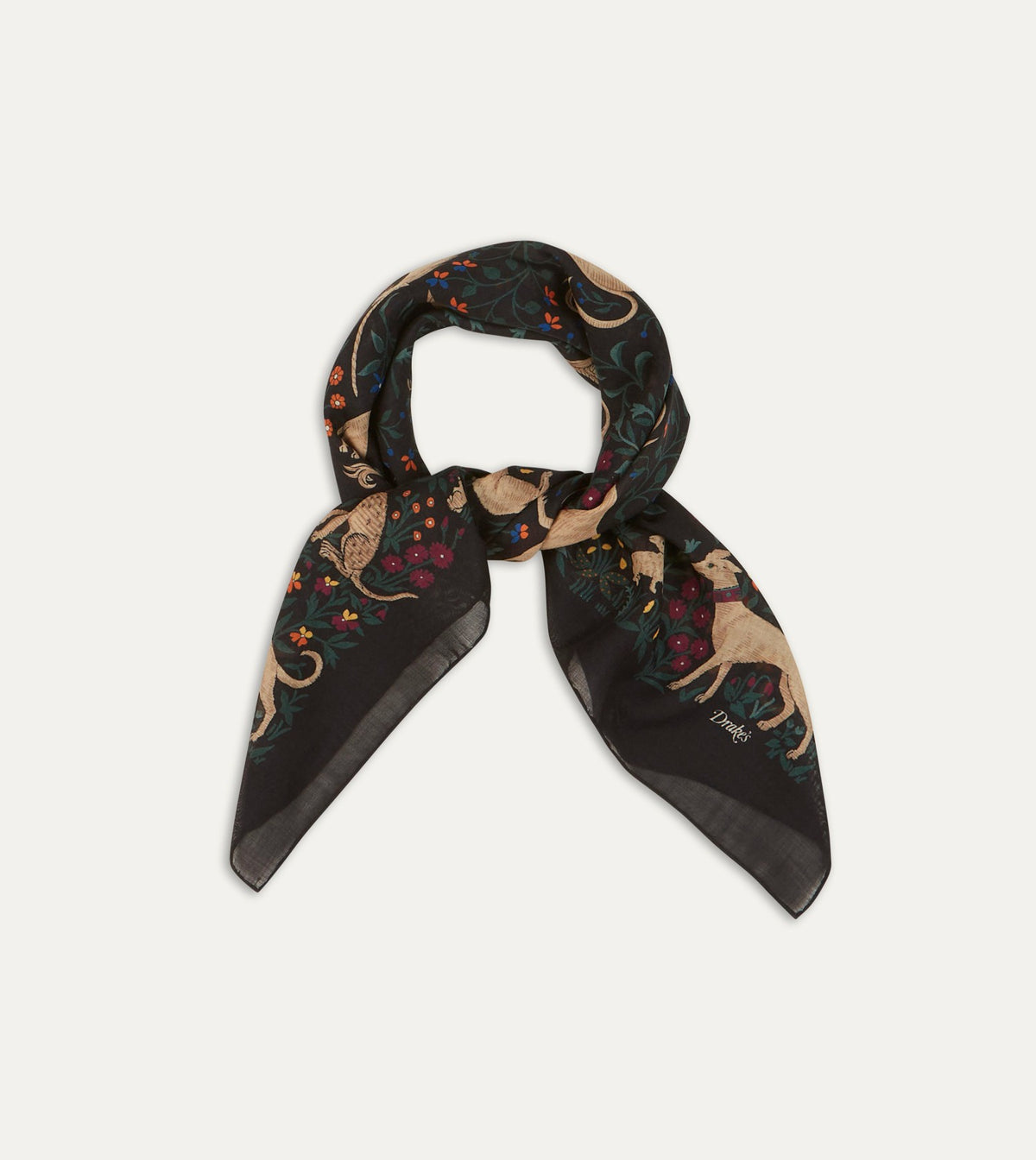 Drake's Black Unicorn Print Wool-Silk Square Scarf