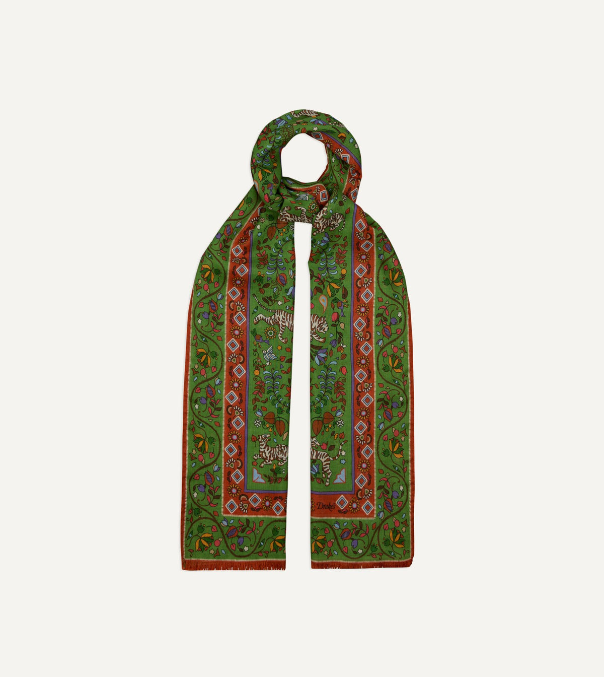Drake's Green Tiger Garden Print Wool Silk Scarf