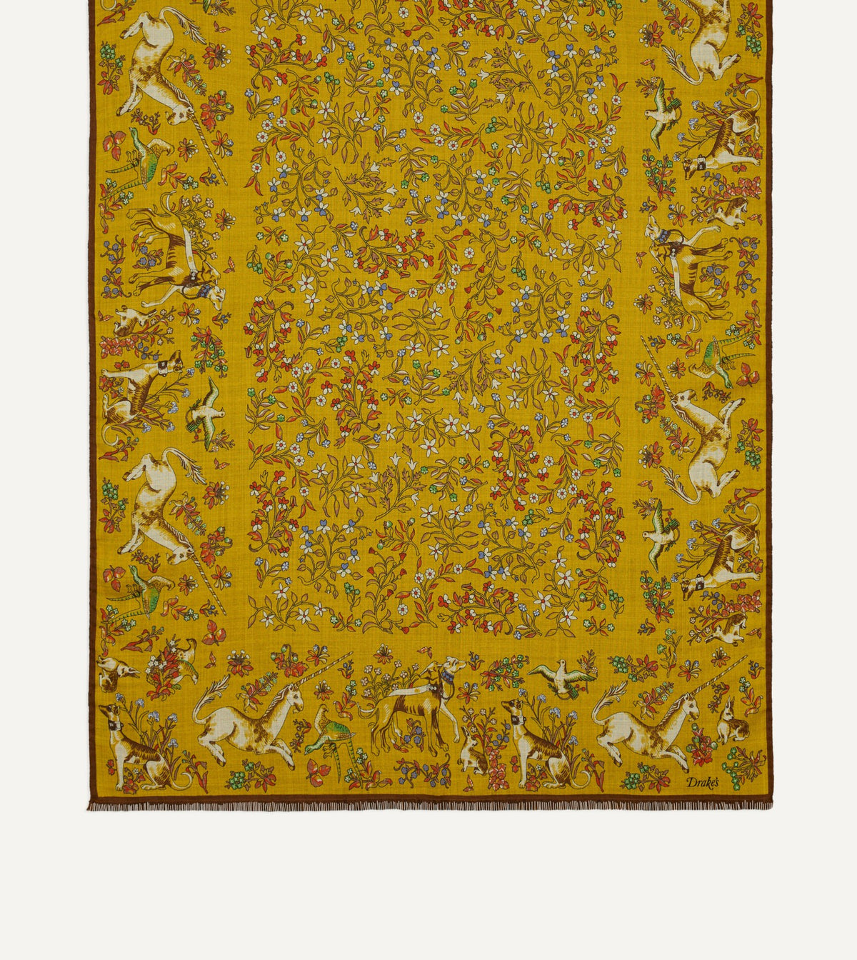 Drake's Yellow Unicorn Garden Print Tubular Wool-Silk Scarf