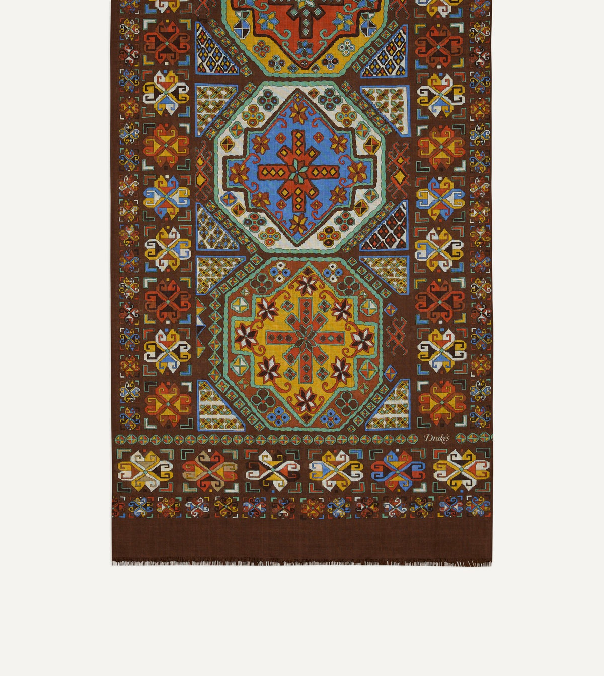 Drake's Brown Carpet Print Tubular Wool-Silk Scarf