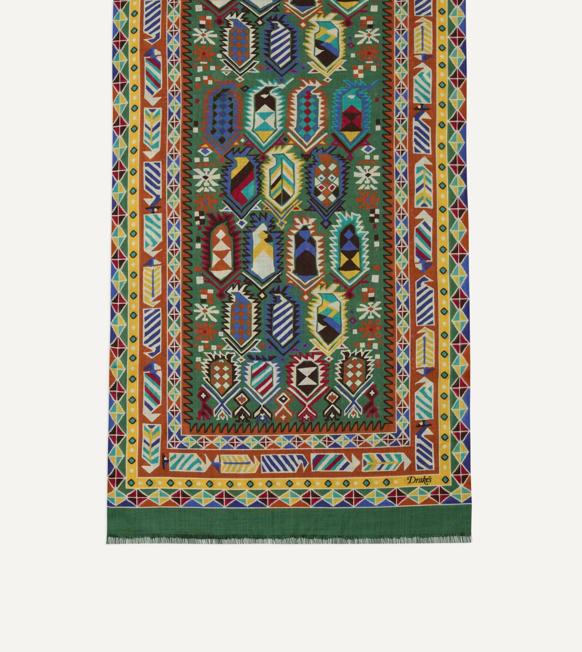 Drake's Olive Rug Print Tubular Wool-Silk Scarf