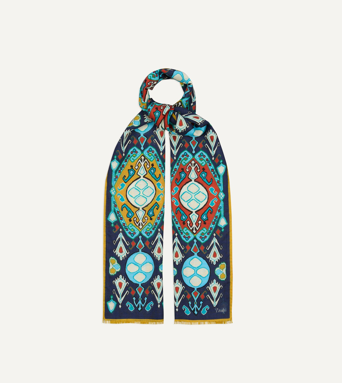 Drake's Navy Tapestry Print Wool Silk Scarf