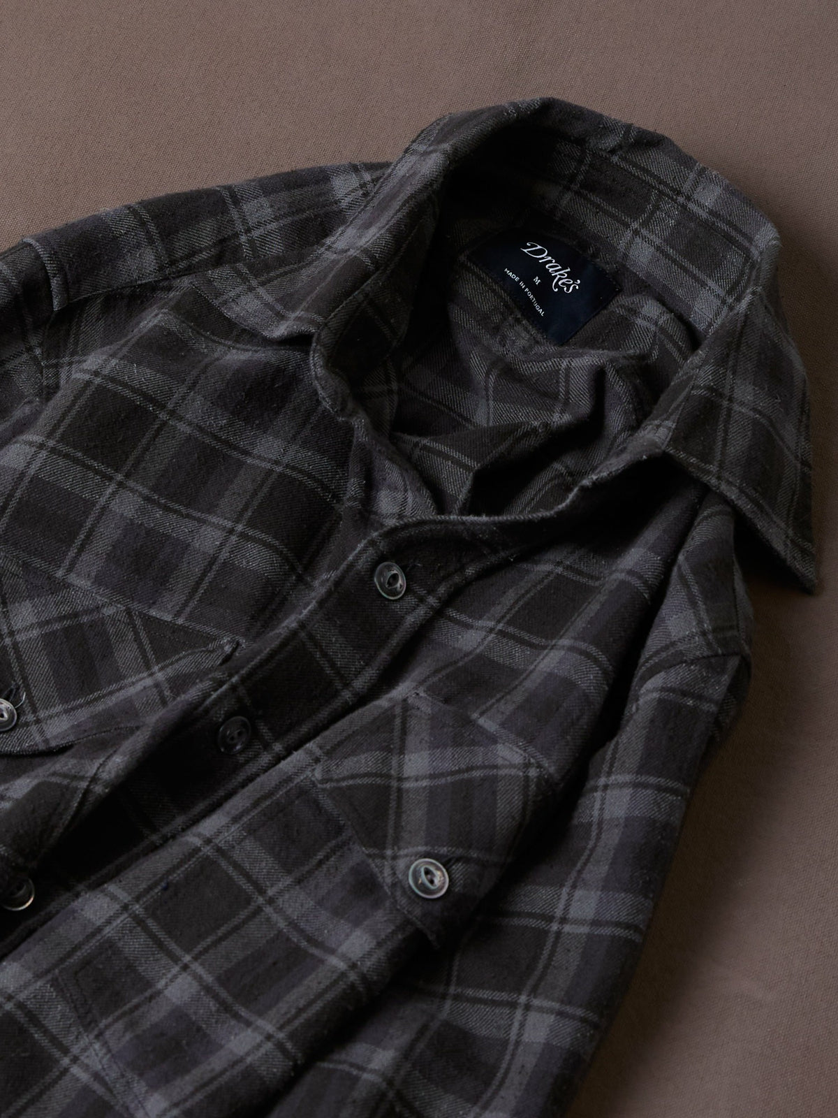 Drake's Grey Check Cotton-Silk Two-Pocket Long Point Collar Work Shirt