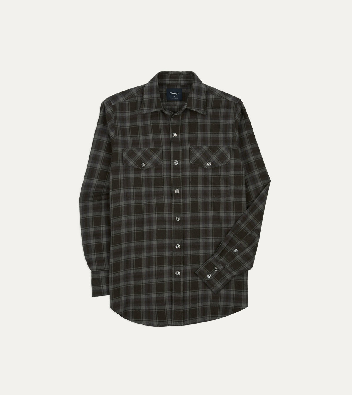Drake's Grey Check Cotton-Silk Two-Pocket Long Point Collar Work Shirt
