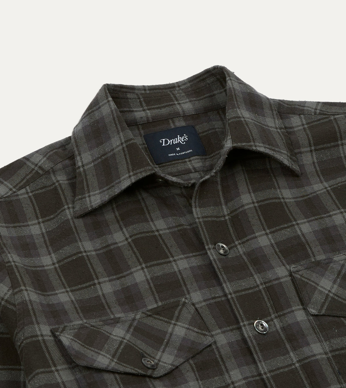 Drake's Grey Check Cotton-Silk Two-Pocket Long Point Collar Work Shirt