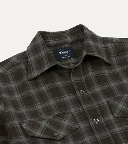 Drake's Grey Check Cotton-Silk Two-Pocket Long Point Collar Work Shirt