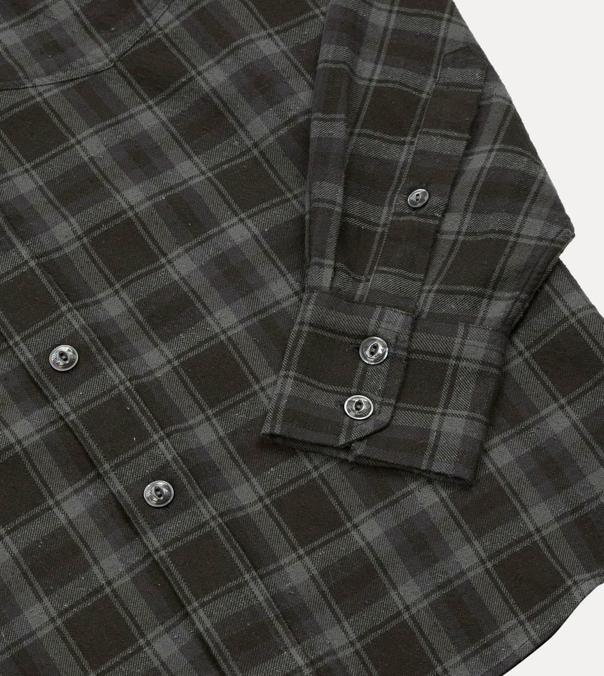Drake's Grey Check Cotton-Silk Two-Pocket Long Point Collar Work Shirt
