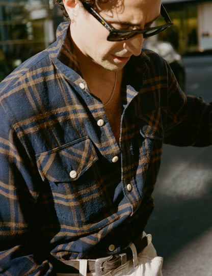 Drake's Navy and Brown Check Cotton-Silk Two-Pocket Long Point Collar Work Shirt