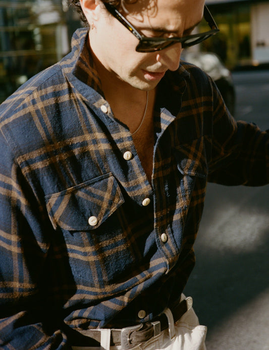 Drake's Navy and Brown Check Cotton-Silk Two-Pocket Long Point Collar Work Shirt