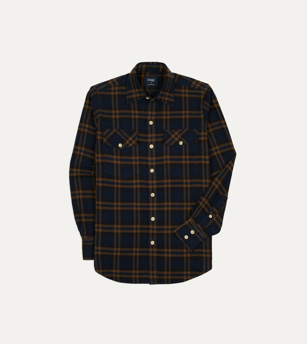 Drake's Navy and Brown Check Cotton-Silk Two-Pocket Long Point Collar Work Shirt