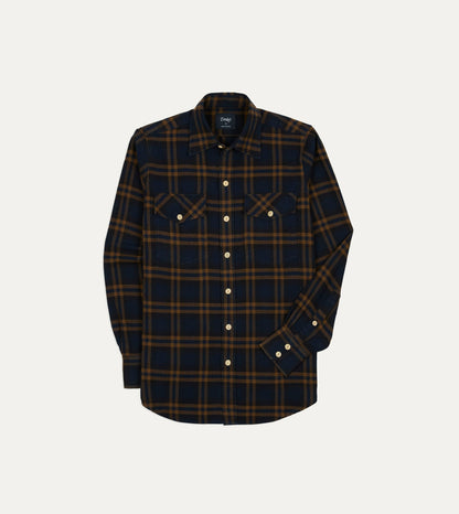 Drake's Navy and Brown Check Cotton-Silk Two-Pocket Long Point Collar Work Shirt