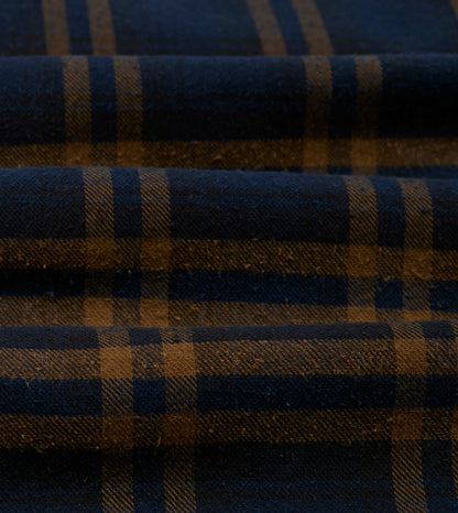 Drake's Navy and Brown Check Cotton-Silk Two-Pocket Long Point Collar Work Shirt
