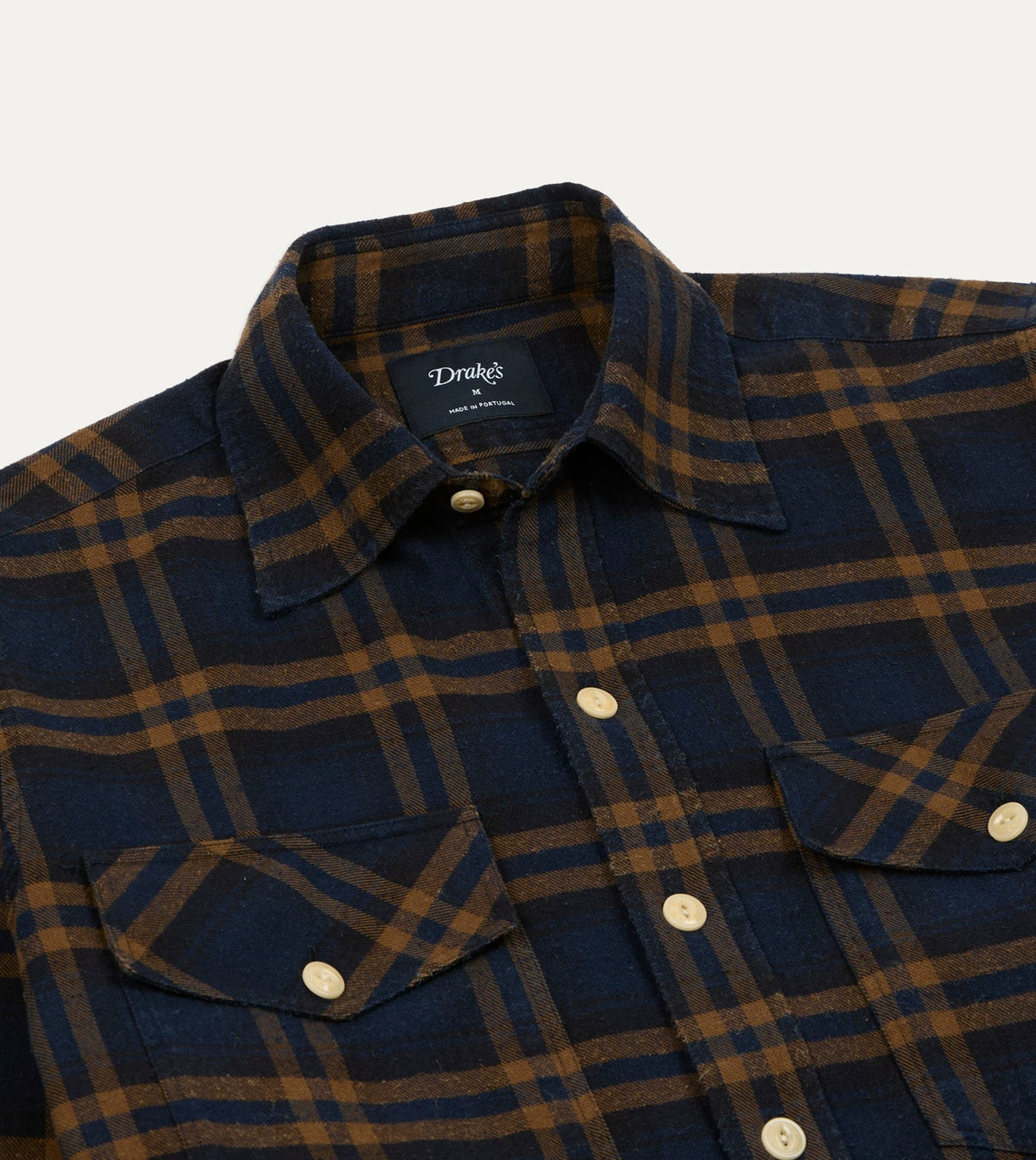 Drake's Navy and Brown Check Cotton-Silk Two-Pocket Long Point Collar Work Shirt