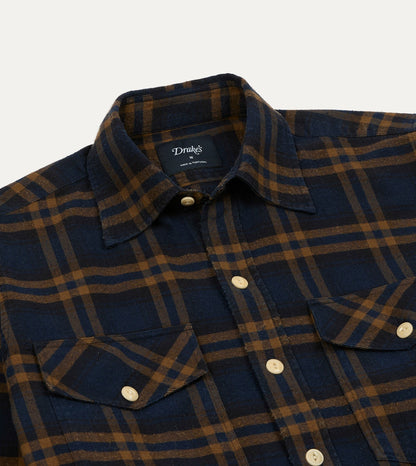 Drake's Navy and Brown Check Cotton-Silk Two-Pocket Long Point Collar Work Shirt