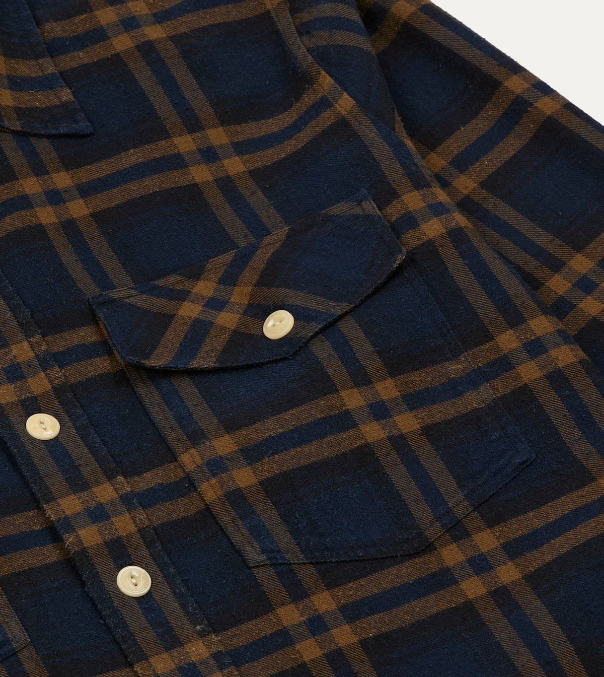 Drake's Navy and Brown Check Cotton-Silk Two-Pocket Long Point Collar Work Shirt