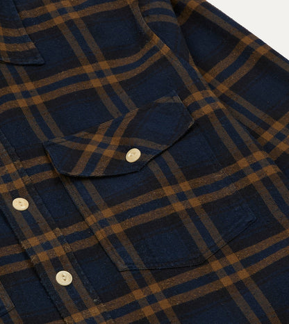 Drake's Navy and Brown Check Cotton-Silk Two-Pocket Long Point Collar Work Shirt