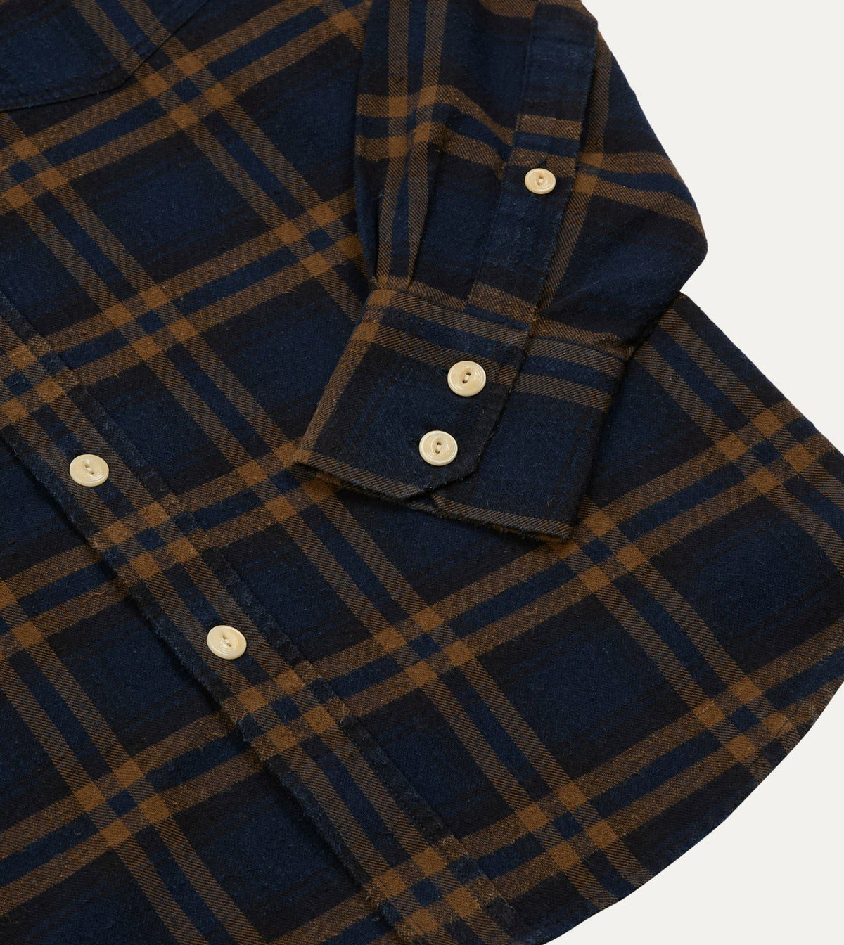 Drake's Navy and Brown Check Cotton-Silk Two-Pocket Long Point Collar Work Shirt
