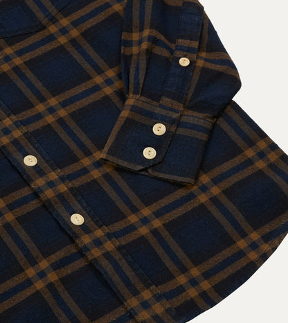 Drake's Navy and Brown Check Cotton-Silk Two-Pocket Long Point Collar Work Shirt