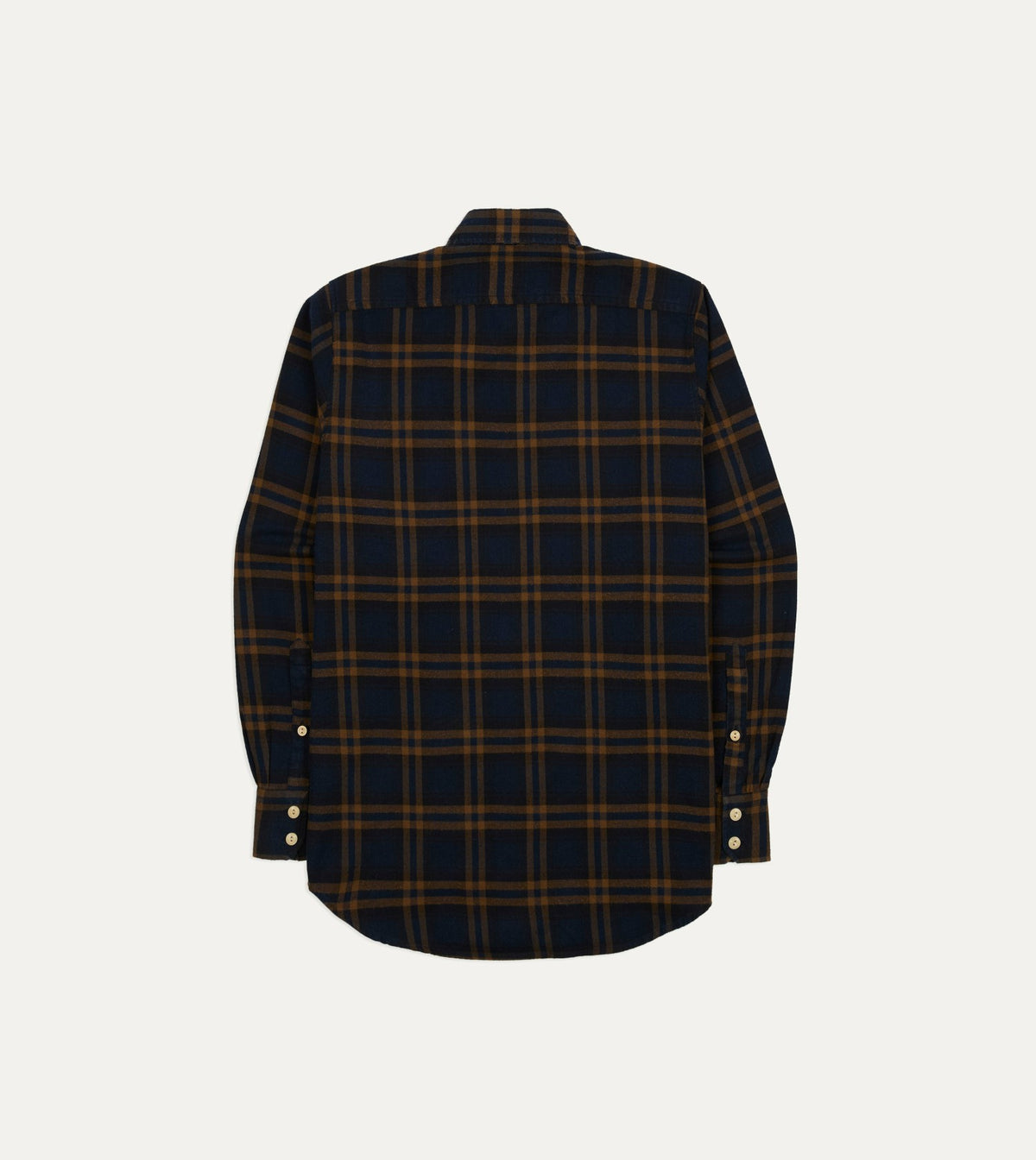 Drake's Navy and Brown Check Cotton-Silk Two-Pocket Long Point Collar Work Shirt