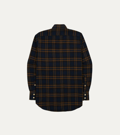 Drake's Navy and Brown Check Cotton-Silk Two-Pocket Long Point Collar Work Shirt
