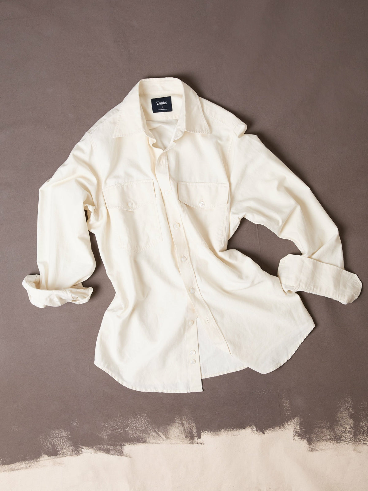 Drake's Ecru Cotton-Linen Two-Pocket Long Point Collar Work Shirt