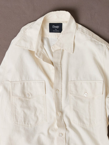 Drake's Ecru Cotton-Linen Two-Pocket Long Point Collar Work Shirt