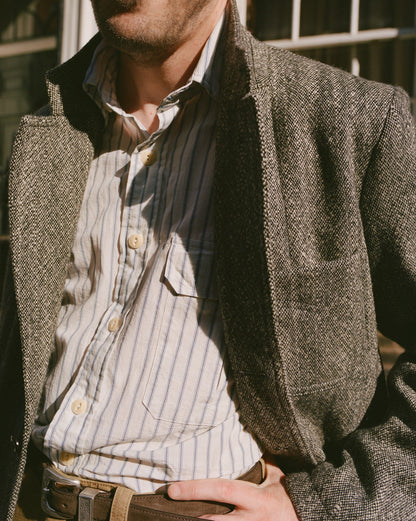 Drake's White and Blue Stripe Linen-Cotton Long Point Collar Shirt