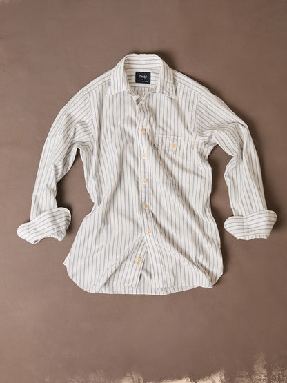 Drake's White and Blue Stripe Linen-Cotton Long Point Collar Shirt