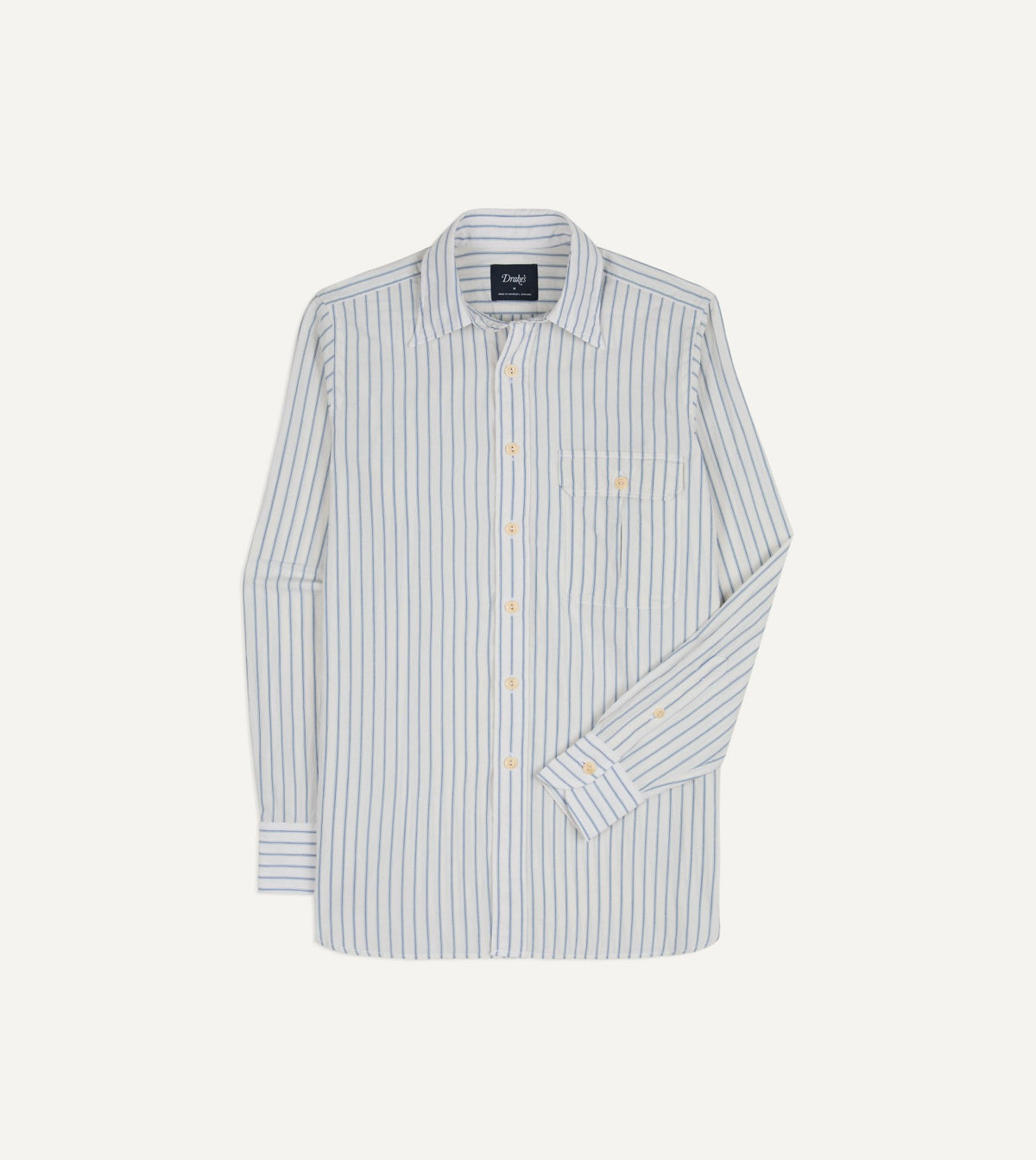 Drake's White and Blue Stripe Linen-Cotton Long Point Collar Shirt