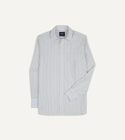 Drake's White and Blue Stripe Linen-Cotton Long Point Collar Shirt
