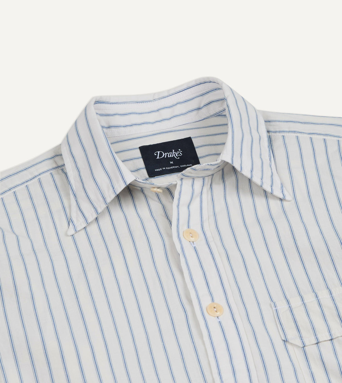 Drake's White and Blue Stripe Linen-Cotton Long Point Collar Shirt