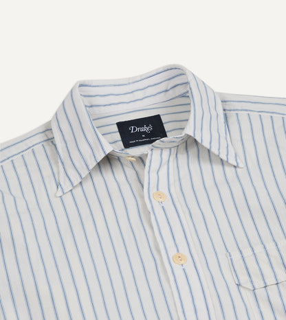 Drake's White and Blue Stripe Linen-Cotton Long Point Collar Shirt