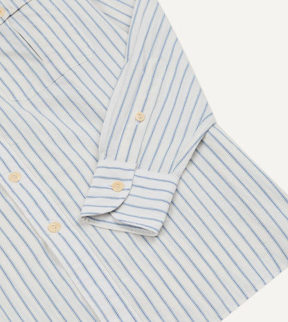 Drake's White and Blue Stripe Linen-Cotton Long Point Collar Shirt