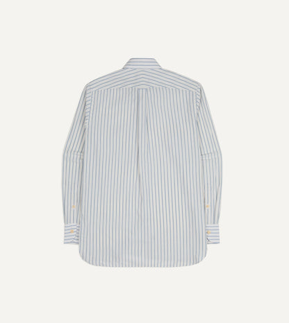 Drake's White and Blue Stripe Linen-Cotton Long Point Collar Shirt