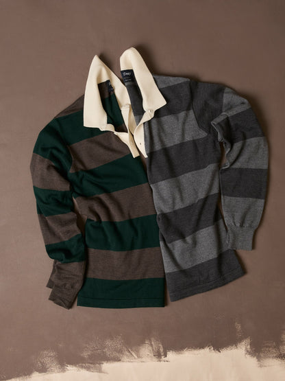 Drake's Grey Block Stripe Knitted Rugby Shirt