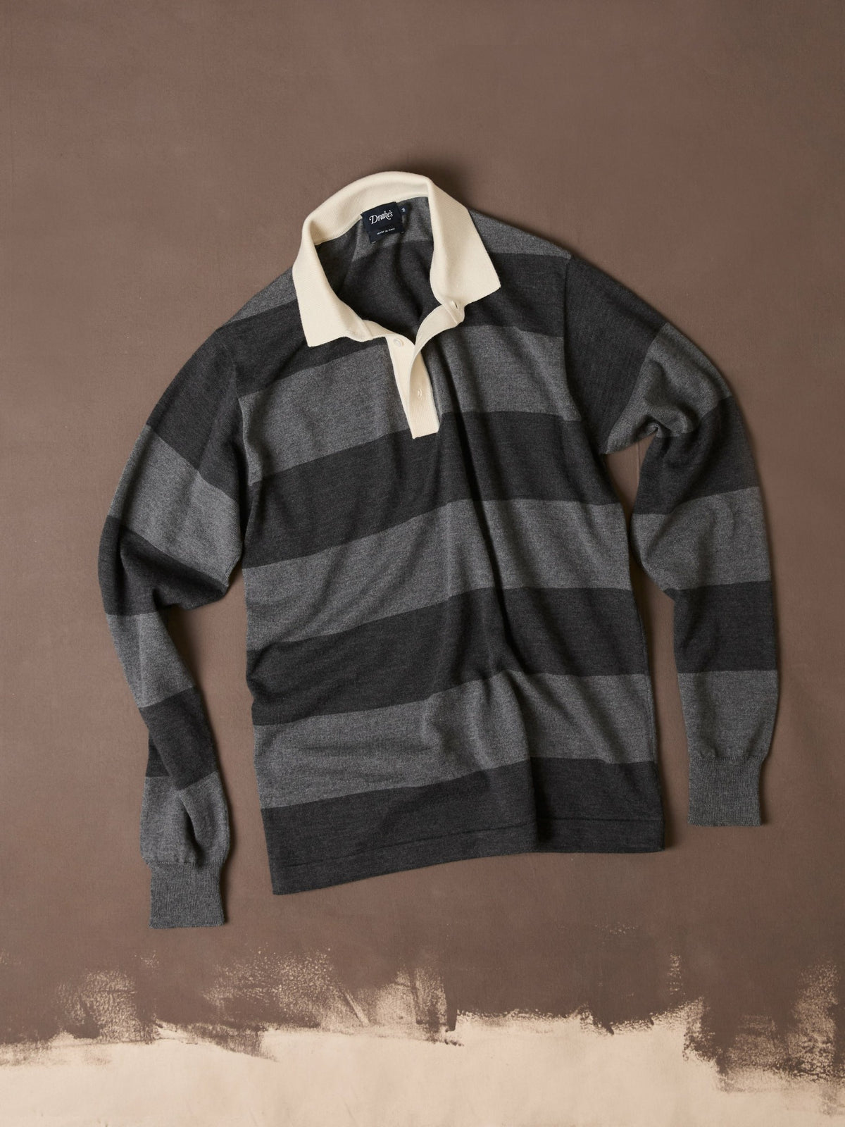 Drake's Grey Block Stripe Knitted Rugby Shirt