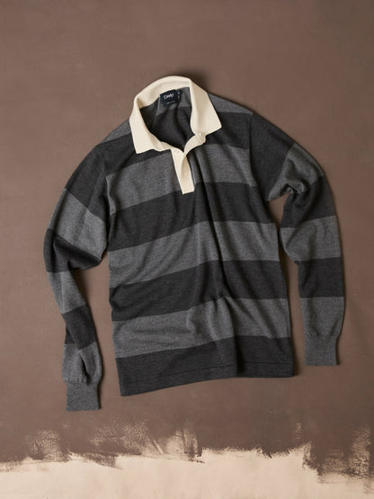 Drake's Grey Block Stripe Knitted Rugby Shirt