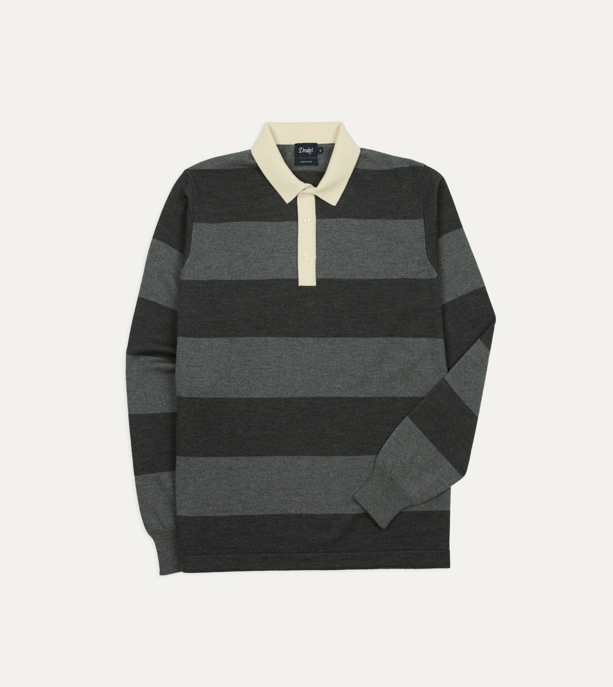 Drake's Grey Block Stripe Knitted Rugby Shirt